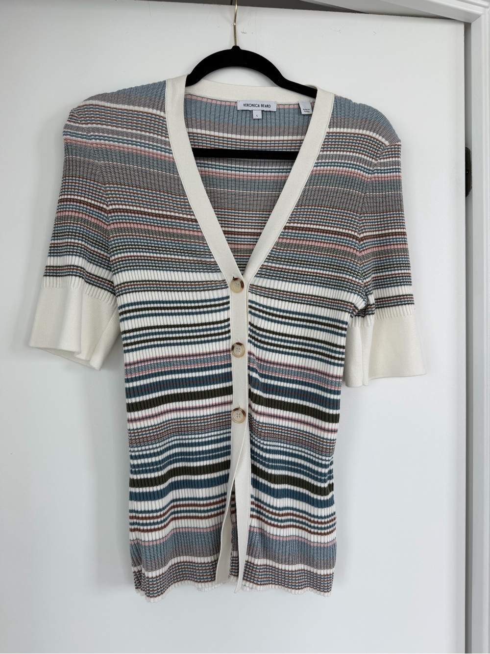Veronica Beard Cream, Blue, Pink & Green Striped Short Sleeve Cardigan